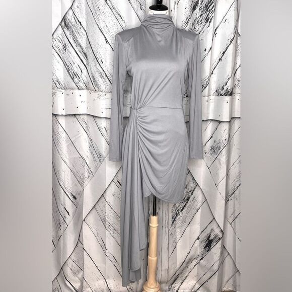 Zara Mini Dress High Low Long Sleeves Padded Shoulders Gray M - Picture 2 of 12